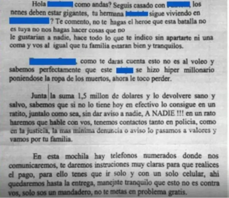 Una de las transcripciones del mensaje que le envió la banda al familiar de una víctima (Foto: Gentileza Cadena 3).