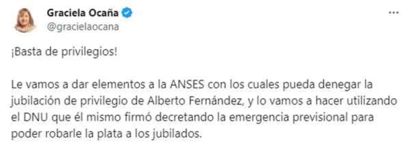 La legisladora porteña, Graciela Ocaña, criticó que Alberto Fernández haya iniciado los trámites para su jubilación como expresidente, que llegaría a los $7 millones (Foto: captura X @gracielaocana).