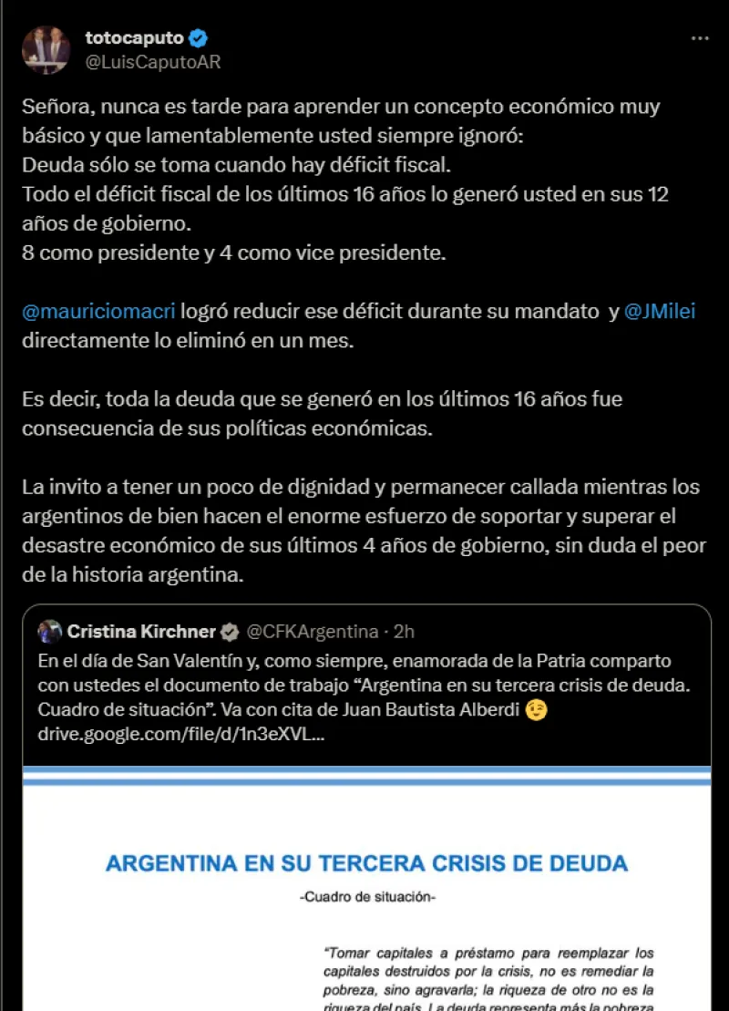 Luis Caputo liquidó a Cristina Kirchner: «La invito a tener un poco de dignidad y permanecer callada»