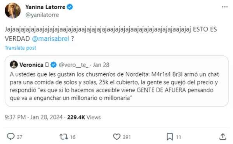 La reacción de Yanina Latorre a los encuentros que está organizando Marisa Brel. (Captura: Twitter)