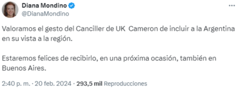 El picante mensaje de Mondino al canciller británico por su visita a las Malvinas