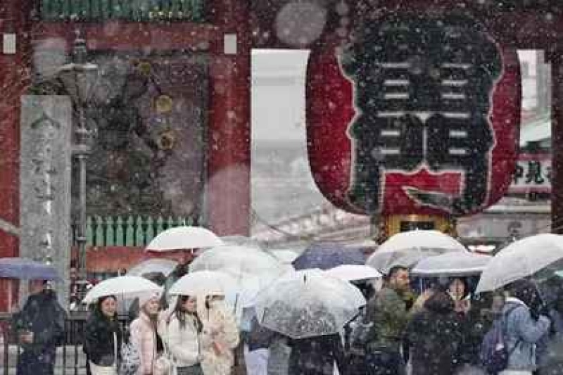  Un grupo de personas visita el templo Sensoji, en el distrito de Asakusa en Tokio, en plena nevada el lunes 5 de febrero de 2024. (Kyodo News vía AP)AP