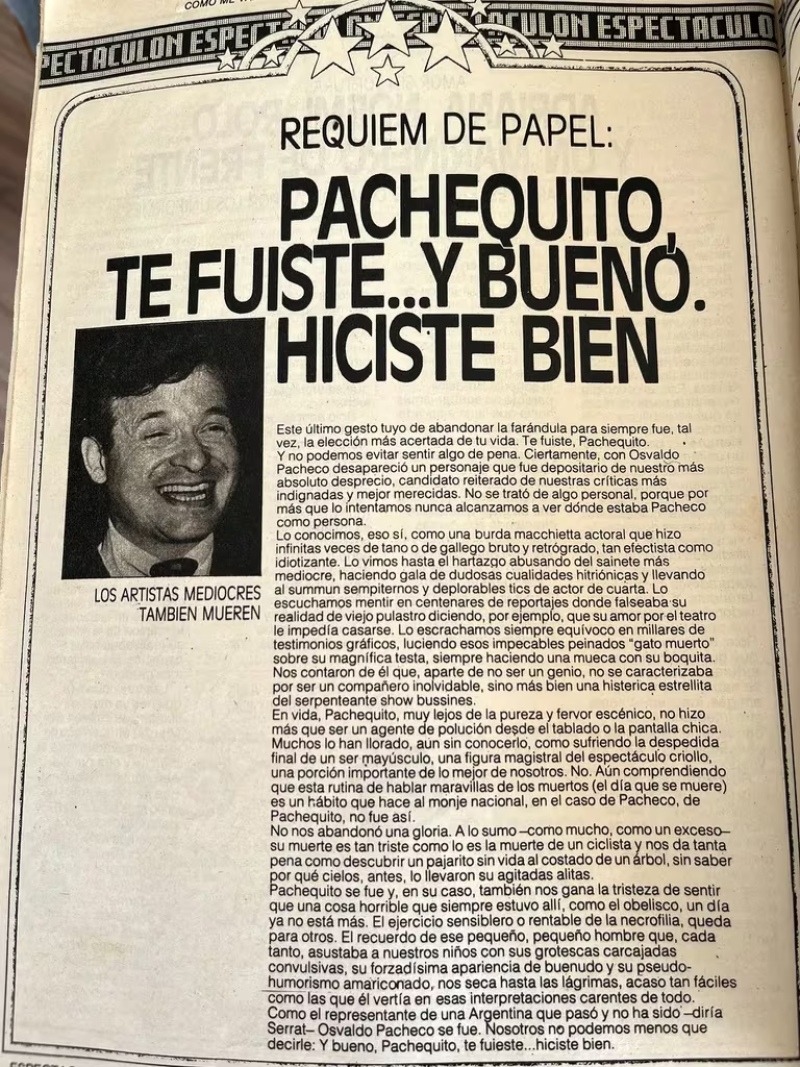  El cruel obituario sin firma que le dedicó la revista Satiricón a Osvaldo Pacheco