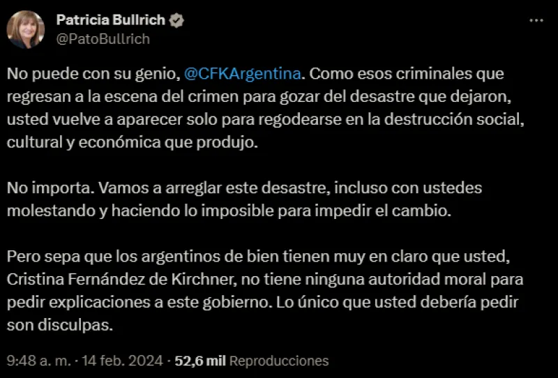 Patricia Bullrich vapuleó a Cristina Kirchner: «Es como esos criminales que regresan a la escena del crimen para gozar»