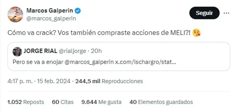 Marcos Galperin y Jorge Rial se cruzaron en las redes: “¿Vos también compraste acciones en Mercado Libre?”