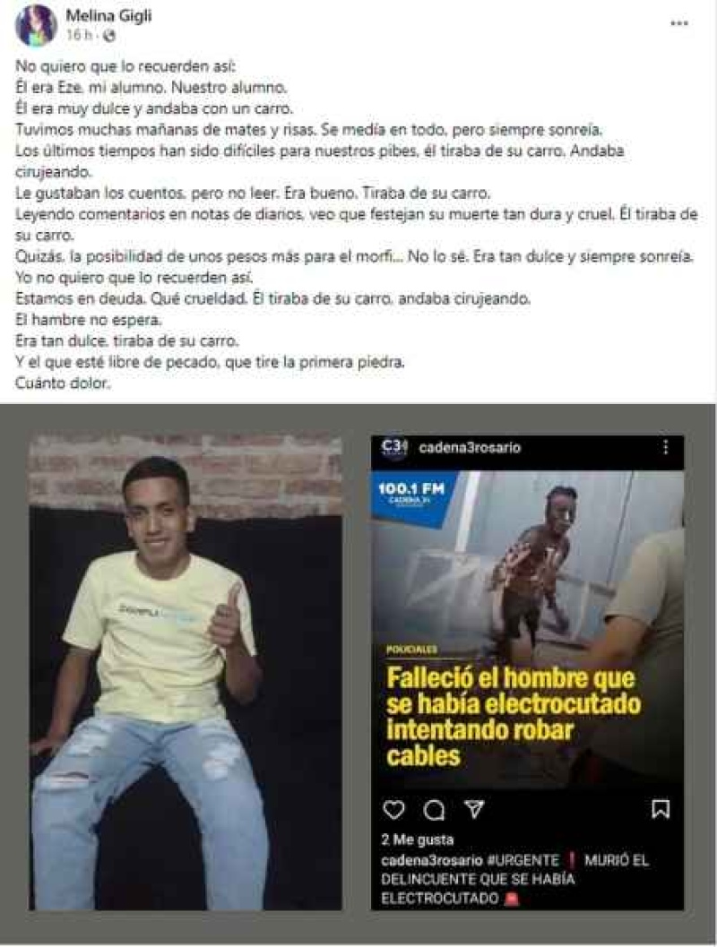 El desgarrador posteo de la profesora del joven que murió quemado en Rosario. (Foto: Facebook)