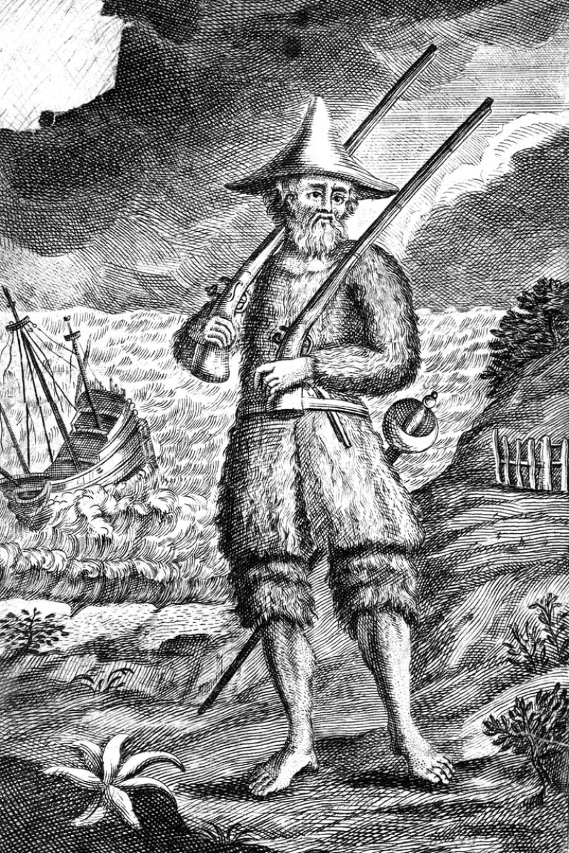  Una ilustración que muestra a Alexander Selkirk en la isla Más a Tierra. Lo abandonaron con un rifle, una carga de medio kilo de pólvora, unas pocas municiones, una partida de tabaco, un cuchillo, un hacha, unas mantas, un cofre con ropa y una Biblia (Ph