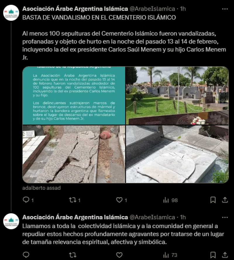 Vandalismo: profanan las tumbas de Carlos Menem y su hijo en el Cementerio Islámico