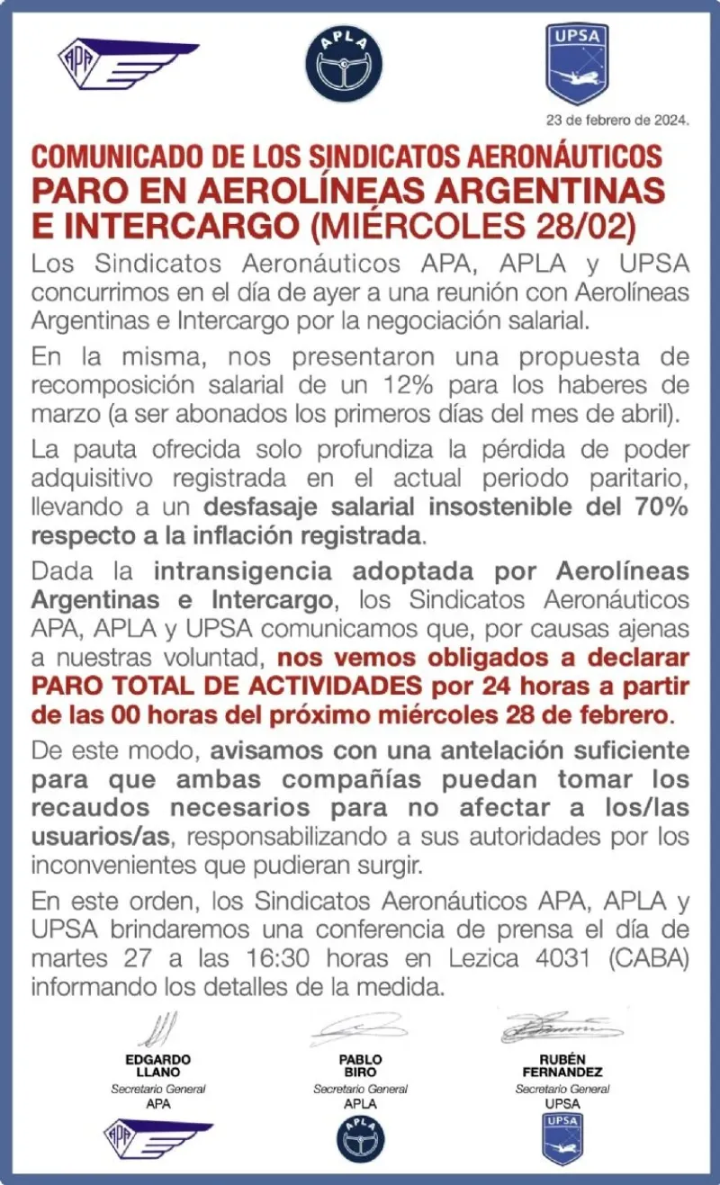  El comunicado de los sindicatos aéreos APA, APLA y UPSA.